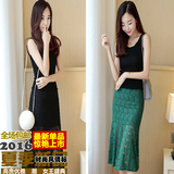 2016夏季新款韩版时尚修身显瘦针织背心蕾丝鱼尾半身裙两件套装潮