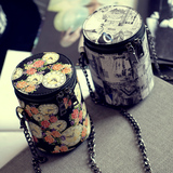 2016夏新款个性圆筒链条小包包潮女韩版时尚印花可乐水桶包手机包