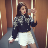夏季新款2016韩版花朵刺绣衬衫女花边袖打底衫宽松显瘦长袖上衣