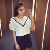 2016韩版夏季新款套头蕾丝短袖T恤女装套头打底衫纯色V领上衣C435