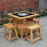 碳化实木原木色火锅桌椅组合 一桌四椅马鞍凳配大理石柜式火锅桌