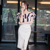 2016夏韩国时尚气质名媛风一字领荷叶边短袖上衣高腰包臀裙两件套