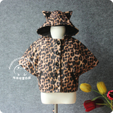 2015韩版女童裝 秋冬季新款时尚猫耳朵连帽豹纹儿童呢子大衣外套