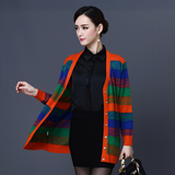 韩版春装条纹羊毛衫女式针织外搭开衫中长款大码长袖宽松毛衣外套