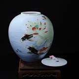 景德镇陶瓷器花瓶摆件 名人名作手绘雕刻斗彩荷花鲤鱼盖罐茶叶罐