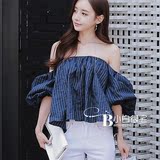 2016夏装新款女装 韩国代购一字领大灯笼袖竖条纹裹胸衬衫上衣