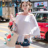 2016夏装新款女装 韩国代购彩色流苏边喇叭袖荷叶摆棉衬衫上衣