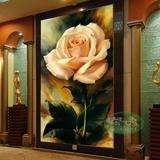 手绘油画玄关壁纸 过道走廊壁画壁布 竖版壁纸墙纸 3D立体玫瑰花