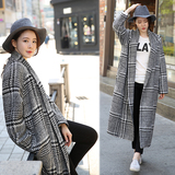 2016秋冬季新款韩版千鸟格羊绒大衣女超长款宽松格子羊毛呢子外套