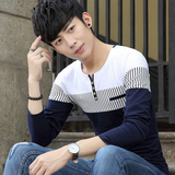 秋季男装长袖V领T恤流行拼接条纹打底衫青少年学生韩版纯棉体恤潮