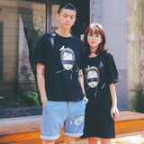 韩国情侣装夏装2016新款短袖T恤人物卡通印花学生中长款连衣裙潮