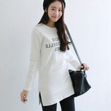 秋季长袖T恤女学生韩版中长款字母印花侧开叉打底衫宽松百搭上衣