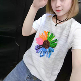 夏季韩版大码宽松显瘦太阳花印花图案短袖竹节棉T恤蝙蝠衫女白T衫