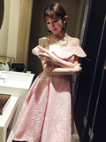 小茵定制2016夏新款优雅名媛粉色气质荷叶玫瑰花蕾丝连衣裙中长裙