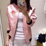 2016秋季新款女装韩国刺绣短款粉色玫瑰花夹克棒球服短外套学生潮