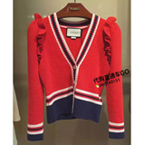 欧洲正品代购 Gucci古奇 16秋冬新款 红色荷叶边针织短款开衫外套