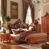 美式实木双人床 欧式真皮床 1.8米卧室床 实木雕花高档豪华双人床