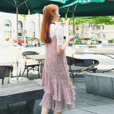 2016韩国代购新款雪纺印花背带吊带连衣裙几何菱形夏季修身长裙