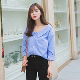 2016秋季新款韩版女装性感V领露锁骨蓝白竖条纹长袖衬衫上衣女生