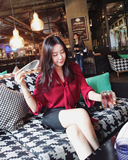 HOTDOG夏季新款韩版宽松V领喇叭袖纯色短袖雪纺衫衬衫女酒红色
