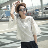 sunfresh韩国正品代购女装2016夏新 蕾丝圆领七分袖直筒衬衫JL02