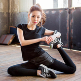 女子专业韩版假两件裤子健身短袖 显瘦速干瑜伽跑步透气运动套装