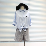 菲尔丹 韩国可爱米奇头刺绣蓝白细条纹衬衣 宽松蝙蝠袖女衬衫0133