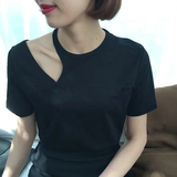 2016韩国东大门代购新款女装 纯色单边锁骨镂空T恤上衣 现货