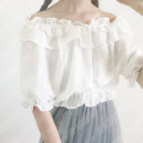 日系lolita洋装复古少女可爱一字领肩夏款内搭短款荷叶边雪纺衬衫