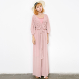 2016夏季新款连衣裙韩版宽松中长款裙子粉色长袖气质中长款纱裙