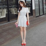 2016韩国夏季衬衫短袖系带中长款百褶裙修身显瘦竖条纹雪纺连衣裙