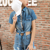 韩版显瘦牛仔衬衫女 薄款夏季短袖上衣外套学生短款打结印花披肩