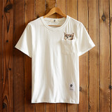 单咖着衣16夏装新款猫咪刺绣花口袋白色t恤男短袖简约标准体恤衫