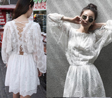 2016夏季新款白色仙女裙真丝性感露背绑带重工刺绣水溶蕾丝连衣裙