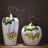 新中式典雅荷花叶陶瓷储物罐美式乡村手绘印花家居装饰品欧式摆件