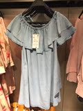 ZARA 正品代购 女装 蓝色 一字领 荷叶边 牛仔布连衣裙 2016新款