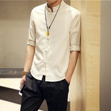 夏季中国风短袖衬衫男士七分袖亚麻韩版修身青年潮中袖衬衣男立领
