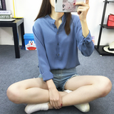 韩版蓝色衬衫女长袖雪纺衫简约学院风打底衫V领套头衬衣宽松上衣