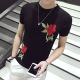 夏装男士短袖T恤刺绣修身纯棉体恤个性印花韩版情侣装玫瑰花衣服T