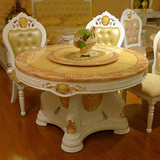 特价欧式餐桌实木天然大理石餐桌烤漆白亮光法式圆桌旋转双层餐桌