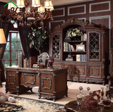 欧美式实木书桌电脑桌大理石面老板桌 手工雕花书柜储物柜奢华