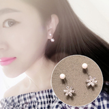 韩国新品925纯银耳针后挂式珍珠耳钉小雏菊花朵锆石时尚百搭款