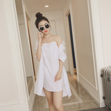 2016夏季新款韩版女装假两件套装裙吊带白色衬衫连衣裙短裙裙子夏