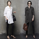韩国原创正品2016夏装宽松显瘦七分袖套头100%亚麻薄中长款女衬衫