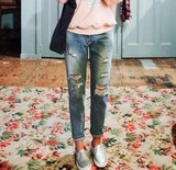 现货特惠 2016春款女装韩国代购正品Cherrykoko蓝色磨破牛仔裤