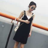 2016夏季新款韩版潮宽松显瘦短裙V领连衣裙黑色银环女装背带裙子