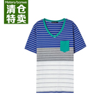 (清仓)2015夏装新款美特斯邦威男色块条纹V领针织短袖T恤226091