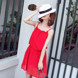 夏季红色连衣裙海边度假沙滩裙露肩挂脖小红裙子修身显瘦吊带短裙