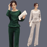 2016春秋新款韩国长袖两件套修身显瘦纯色气质阔腿裤套装女