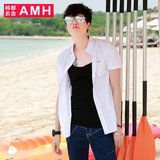 AMH男装韩版2016夏装新款男士修身时尚刺绣短袖衬衫男PA5257薬